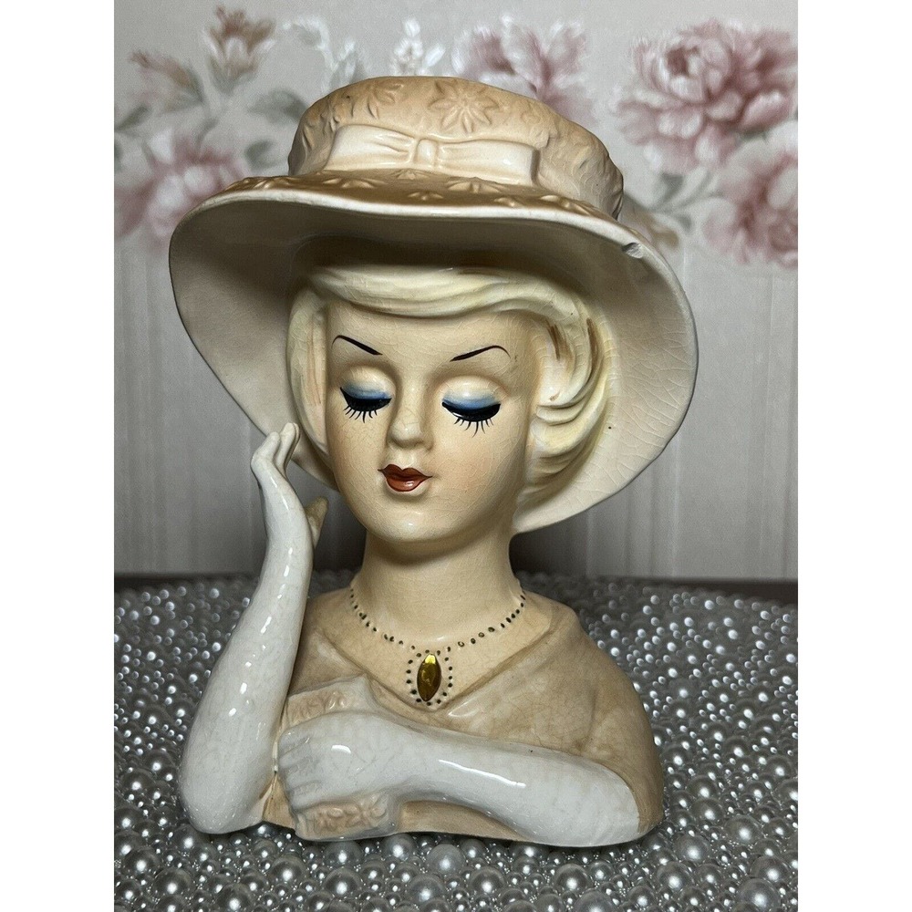 Vintage 1950s Lady Head Vase Lefton 1736 6" Blonde with Jeweled Necklace